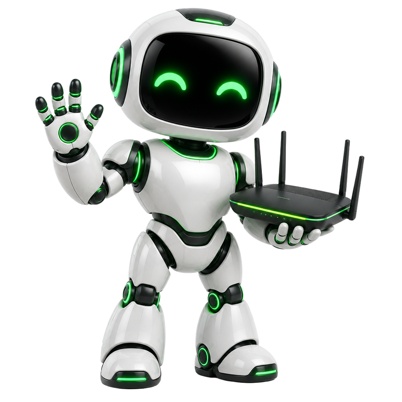 Mascote robô da Nossanet segurando um roteador